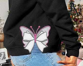 Small Butterfly Wings side Bow double machine embroidery design heirloom ribbon small from 4 to 6 inches sweatshirt bow