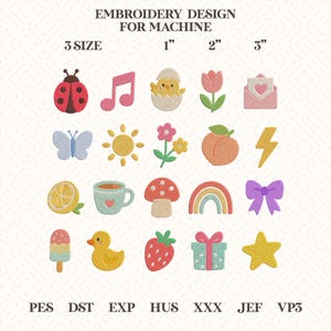 May include: A digital collection of embroidery designs for machines, featuring twenty colorful icons including a ladybug, music note, chick, tulip, envelope, butterfly, sun, flower, peach, lightning bolt, lemon, cup, mushroom, rainbow, bow, popsicle, duck, strawberry, gift, and star.