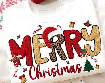 Leopard Merry Christmas Latch Hook Yarn Crochet Png, Faux Yarn Png, Tis The Season Png, Santa Png, Realistic Yarn Holiday Sublimation