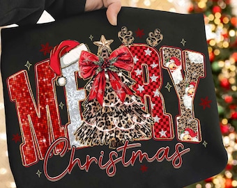 Coquette Merry Christmas PNG, Checkered Star Leopard Letters Design, Faux Glitter Holiday Png, Christmas Tree PNG, Disco Xmas Sublimation
