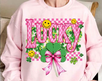 Checkered Preppy Lucky St Patrick's Day Coquette PNG, Coquette St Patrick's PNG, Pink Lucky Checker Png, Trendy Retro Lucky Png Design