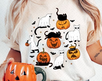かわいいハロウィンゴーストブー猫Png、ハロウィン猫Png、ハロウィンシャツPng、ハロウィンパンプキン猫Png、秋の昇華デザインシャツ