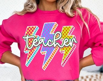 Lightning Bolt Teacher Png, Back To School Png, Neon Teacher Shirt Png, Retro Teacher Png, Checkered Teacher Png, Teacher DTF