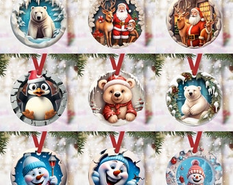 Könnte beinhalten: Neun runde Weihnachtskugeln mit verschiedenen winterlichen Motiven. Die Kugeln zeigen einen Eisbären, einen Pinguin, einen Teddybär, den Weihnachtsmann mit Rentieren und einen Schneemann.