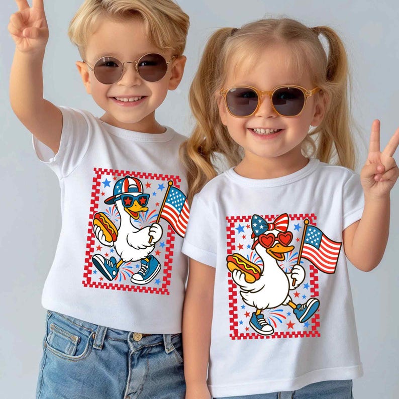 Boy Girl Goose PNG, Cute Boy Girl Summer PNG, Silly Goose Boy Png, 4th of July Boy and Girl Design Sublimation, Kids Patriotic Shirt Png image 1