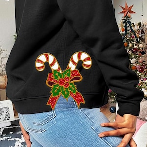Diseño de bordado con aplique de bastón de caramelo navideño en 3 tamaños, diseño de bordado a máquina con puntada de satén, diseño de bordado de lazo, lazo navideño coqueto