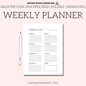 Weekly Planner Printable, Weekly Agenda, Weekly Organizer, Weekly Schedule,  Minimalist Weekly Planner, A4/A5/Letter, Fillable Version