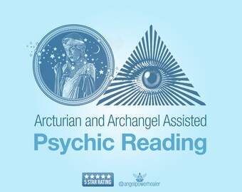 May include: A blue and white illustration of an eye inside a triangle with rays emanating from the eye.  A circle with a woman inside is to the left of the triangle.  The text "Arcturian and Archangel Assisted Psychic Reading" is below the image.  Five stars are below the text with the words "5 Star Rating".  The text "@angelpowerhealer" is below the stars.