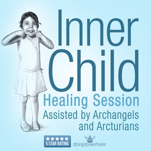 May include: A black and white illustration of a young girl with her fingers in her mouth. The text "Inner Child Healing Session Assisted by Archangels and Arcturians" is below the image. There are five stars below the text, with the text "5 STAR RATING" below the stars. The text "@angelpowerhealer" is below the rating.