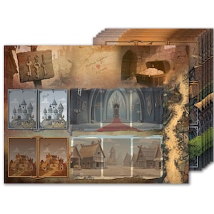 Könnte beinhalten: Ein Stapel illustrierter Spielbretter mit Fantasy-Szenen. Die Bretter zeigen Burgen, Dörfer, Schätze und einen königlichen Thronsaal. Ein Holzschild mit Schlüsseln ist sichtbar. Die Farbpalette umfasst Braun-, Blau- und Goldtöne.