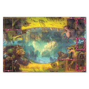 May include: A vibrant game board with a fantasy theme, showcasing various creatures and landscapes. The board has a central playing area with spaces for cards and tokens. The artwork includes a lion-like figure, a wolf-like creature, and other fantastical elements.