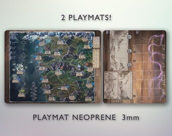 May include: Two rectangular neoprene playmats with a 3mm thickness. The left mat features a detailed fantasy map with green terrain, mountains, and blue water. The right mat displays a wooden board design with grid lines and purple energy effects.