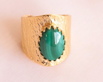 Women's malachite ring / natural stone malachite ring / Gold-plated malachite adjustable ring / malachite jewelry / women's gift ring