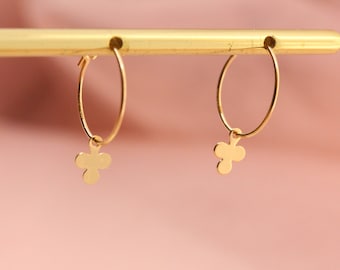 Gold-plated leaf pendant hoop earrings / women's small fine golden hoop earrings with tassel