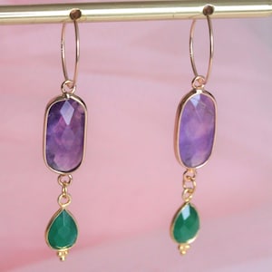 amethyst and malachite pendant creoles / small golden creoles with fine stone pendant