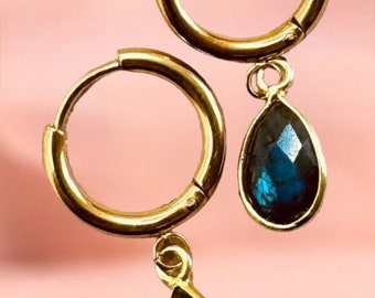 Small golden labradorite hoop earrings / Small stainless steel labradorite pendant hoop earrings / Labradorite earrings