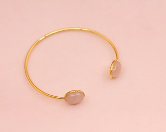 Rose quartz bangle bracelet with two natural stones / adjustable bracelet gilded with fine gold Emma stone