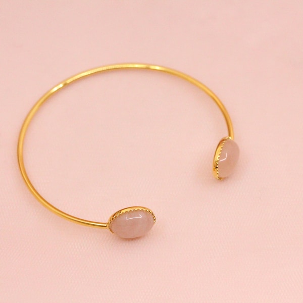 Rose quartz bangle bracelet with two natural stones / adjustable bracelet gilded with fine gold Emma stone