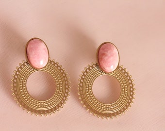 Boucles d'oreilles rhodochrosite acier inoxydable  / boucles d’oreilles roses / boucles d’oreilles rondes dorées roses