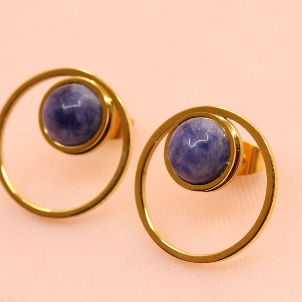 Boucles d'oreilles anneaux sodalite pierre fine naturelle / boucles d'oreilles cercle sodalite