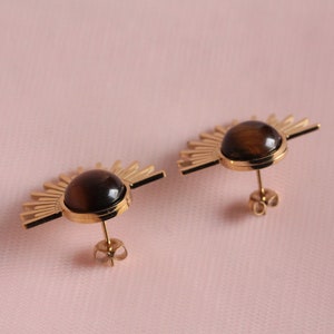 Women's natural fine stone tiger's eye earrings / art deco earrings / tiger's eye sun earrings image 2