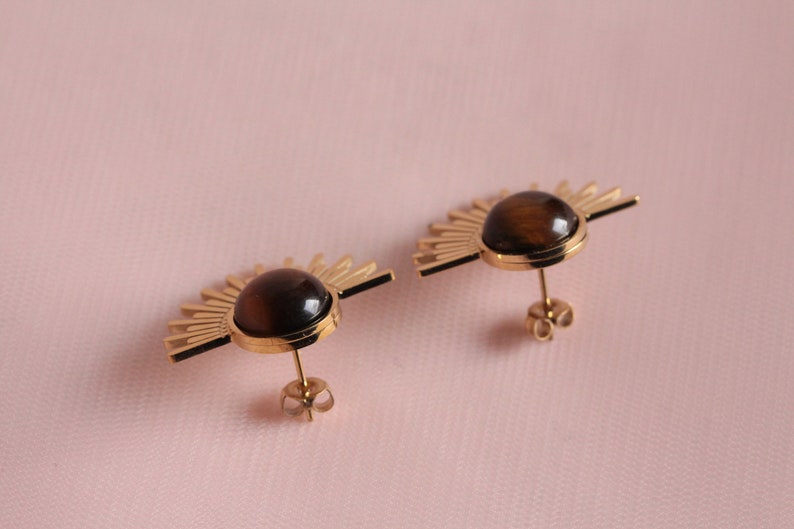 Women's natural fine stone tiger's eye earrings / art deco earrings / tiger's eye sun earrings image 2