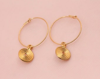 Round pendant hoop earrings / Gold plated round pendant hoop earrings / spiral pendant earrings