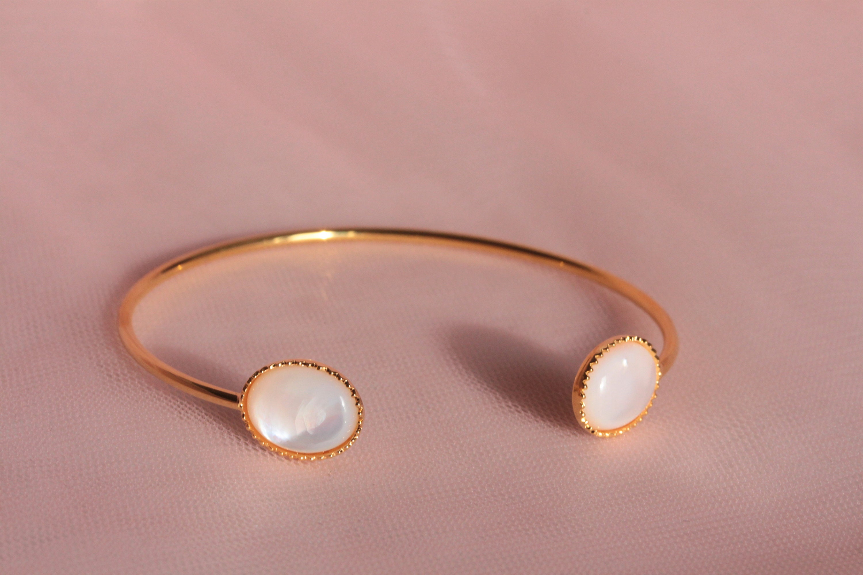 Bracelet En Opale Laiteux Ovale – Plaqué Argent, Fermoir à Bascule – Fait Main