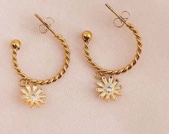 hoop earrings daisy flower stainless steel / gold hoop earrings with flower pendant / flower hoop earrings