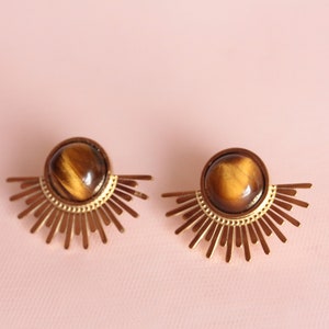 Women's natural fine stone tiger's eye earrings / art deco earrings / tiger's eye sun earrings image 3