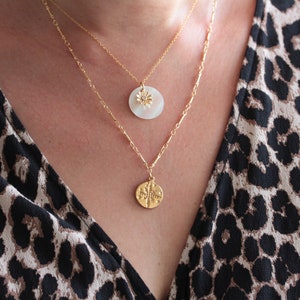 Gold necklace with medal / Fine gold-plated necklace with stainless steel compass rose medal Estelle