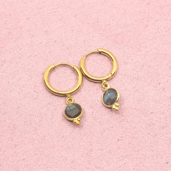 Small gold-plated hoop earrings with labradorite pendant / Small stainless steel hoop earrings with labradorite pendant / Labradorite earrings