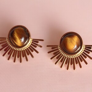 Women's natural fine stone tiger's eye earrings / art deco earrings / tiger's eye sun earrings image 1