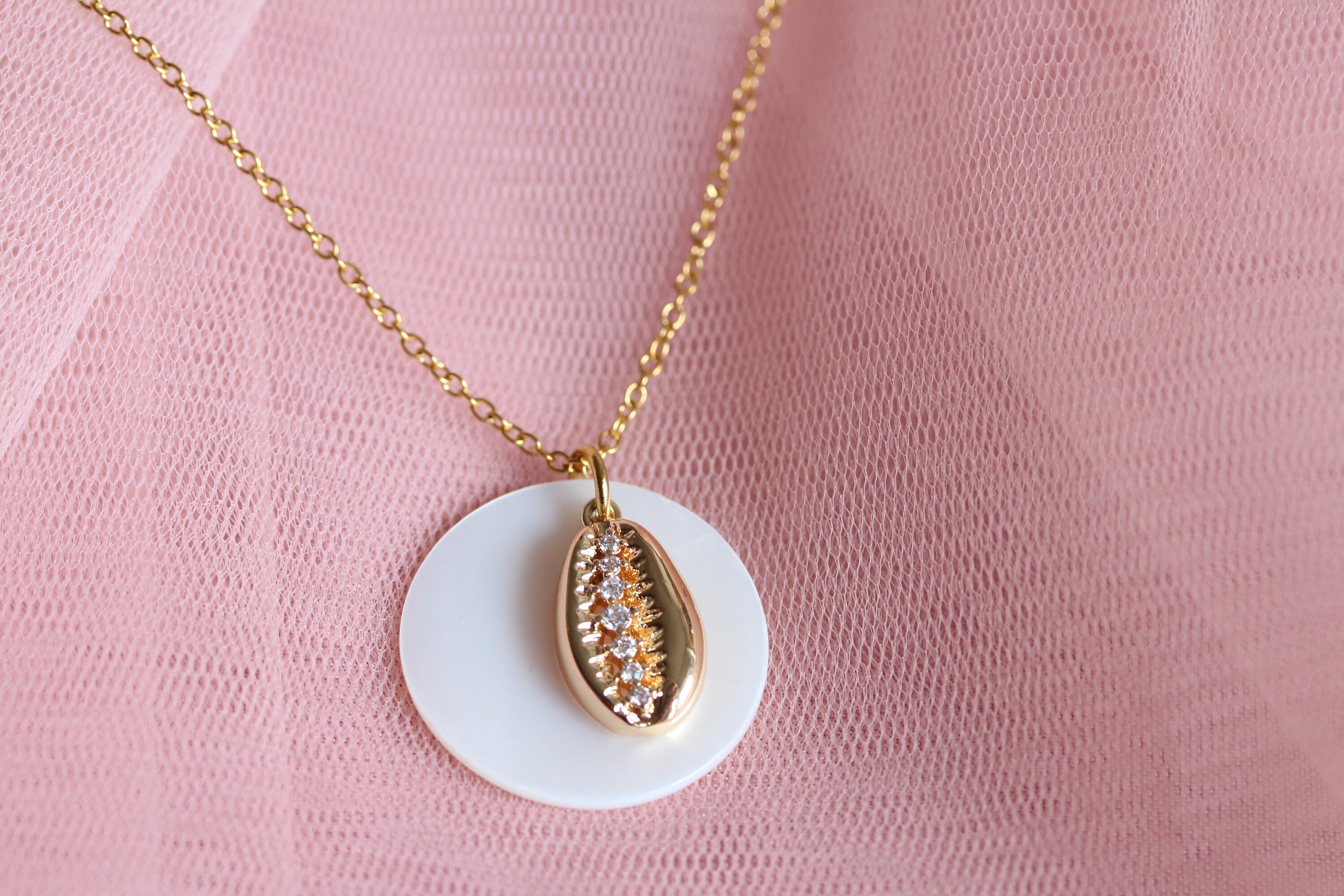 Fine Chain Necklace in Stainless Steel With Mother-of-pearl Sequin Pendant and Cowrie Shell ...
