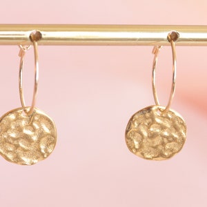 Small gold-plated hoop earrings with golden round pendant/golden earrings with pendant/golden earrings