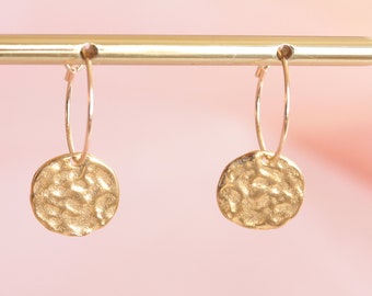 Small gold-plated hoop earrings with golden round pendant/golden earrings with pendant/golden earrings