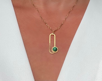 Malachite necklace / fine natural malachite stone pendant necklace / brass necklace gilded with fine gold and malachite