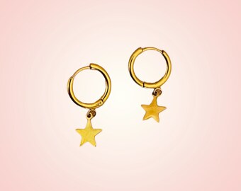 Mini star hoop earrings / Small stainless steel hoop earrings with gold star pendant / Gold star sleeper earrings