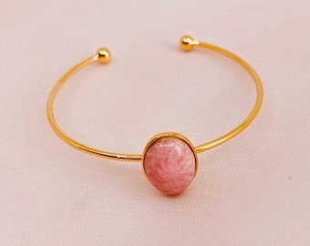 Adjustable rhodochrosite stone bangle bracelet gilded with fine gold / fine pink stone bracelet / rhodochrosite jewelry / pink bracelet