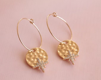 Gold-plated hoop earrings with compass rose pendant / small gold hoop earrings with compass rose pendant