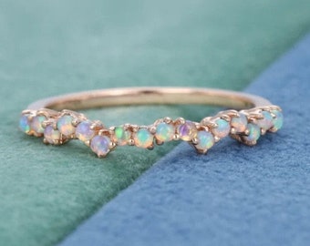 Natural Opal Ring, Vintage Opal Band, Opal Wedding Band, Rose Gold Opal Ring, Dainty Opal Ring, October Birthstone Ring, Matching Band Ring