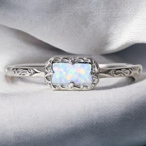 Natural Opal Ring, Dainty Baguette Opal Ring, October Birthstone, Opal Gemstone Promise Ring, Stacking Opal Ring, Bridal Anniversary Gift