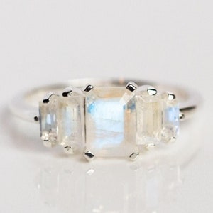 Blue Fire Rainbow Moonstone Engagement Promise Ring, 14k Solid Gold Sterling Silver Ring With Baguette Side Stones, Promise Ring For Women.