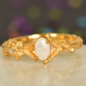Opal Twig & Flower Ring, Vintage Opal Engagement Ring, Stunning Oval Cut Natural Opal Ring, October Birthstone, Delicate Bridal Promise Ring