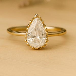 Pear Cut Moissanite Engagement Ring, Hidden Halo Ring, 14K Yellow Gold Ring, Teardrop Solitaire Ring, Colorless Moissanite Wedding Ring