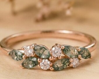 Moss agate cluster wedding band Unique marquise cut moss agate wedding band Vintage Moissanite ring Solid gold ring Anniversary gift