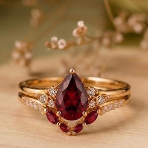 Op de afbeelding: Een gouden ringenset met een peervormige, dieprode edelsteen als middelpunt. De ring is versierd met kleinere, ronde en marquise-geslepen rode edelstenen en heldere kristallen. De band is ook versierd met kleine kristallen.