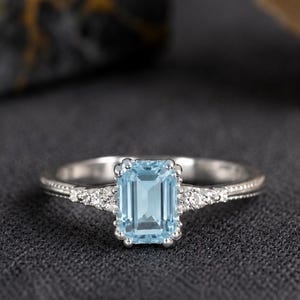 Emerald Cut Aquamarine Engagement Ring, Vintage White Gold March Birthstone Ring, Blue Gemstone Ring, Cluster Diamond Promise Ring for Women