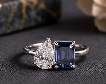 14K Solid Gold Pear Cut & Emerald Cut Moissanite Engagement Ring, Toi et Moi Promise Ring, Valentine's Day, Anniversary Gift for Woman