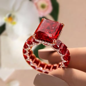 Emerald Cut Ruby Engagement Ring, 18K Yellow Gold Moissanite Bridal Wedding Promise Ring, Red Gemstone Ring, Full Eternity Solitaire Ring